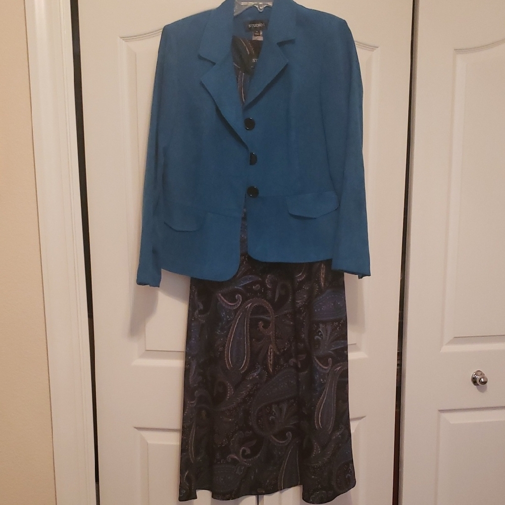 Studio I Blue Jacket and Paisley Midi Dress
